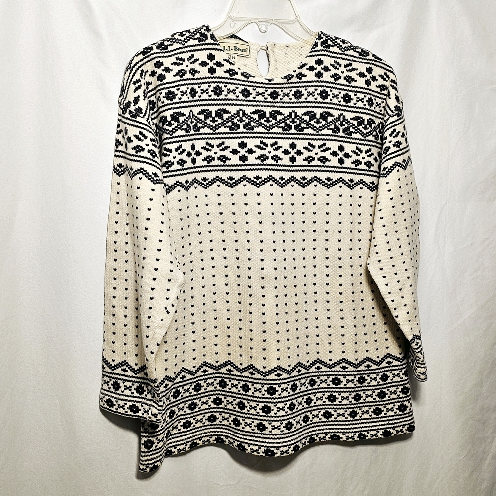 Vintage L.L. Bean Womens Dark Blue Cream Patterned Wool Blend Sweater Med